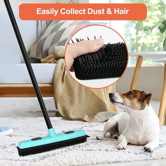 Rubber Broom Carpet Rake for Pet Hair Removal, Fur Remover Broom with 59" Telescoping Long Handle, Pet Hair Broom with Squeegee for Carpet, Hardwood Floor, Tile | Fur Remover Broom Pet Hair Broom with Squeegee for Carpet, Hardwood Floor, Tile, 59" Tele...