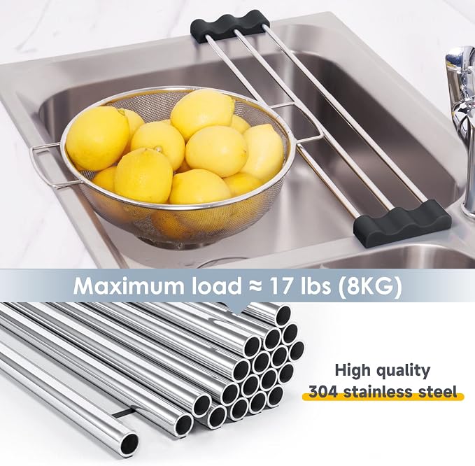 Tomorotec Adjustable Over-The-Sink Kitchen Rack, BPA-Free, Black | Holds 16.5 Lbs; For Dishcloths, Sponges, and Brushes - Heat-Resistant Stainless Steel with Slim, Expandable Design