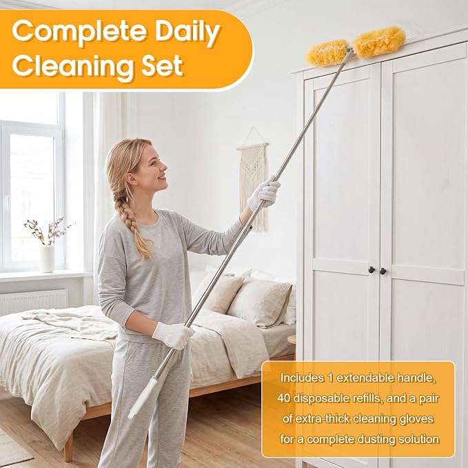 40 Pcs Heavy Duty Duster Refills with 6 ft Extendable Handle and 1 Pair of Gloves, Compatible with Swiffer 360° Disposable Microfiber Feather Dusters Kit for Cleaning Home(Orange)