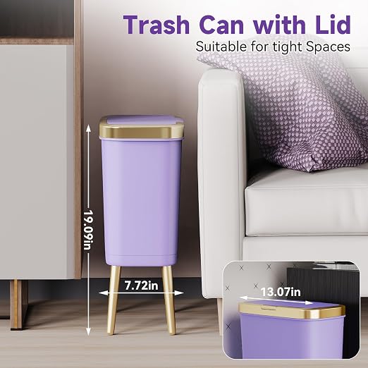 Procade Purple Bathroom Trash Can with Lid and Legs,Small Gold Garbage Can | 4 Gallon Tall Skinny Plastic WasteBasket,Dog Proof Trash can,Slim Room Decor Trash Bin for Bedroom,Kitchen,Office,Dorm,Toilet