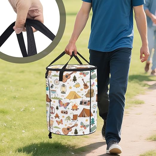 White Camping Trash Can Collapsable Cute Design Large Capacity Outdoor Garbage Can with Zipped Lid Water Resistant Trash Can Bags for Travel, Hiking, Outings