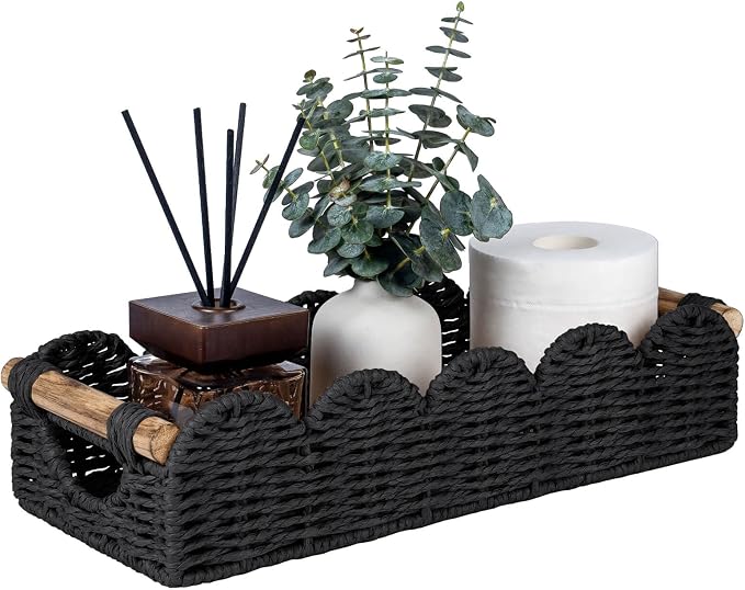 CubesLand Toilet Tank Paper Storage Basket Bathroom Decor Organizer Basket | Scalloped Decor Basket for Home, Living Room, Nursery, Wicker Bathroom Shelves Organization & Decorative Tray, Black