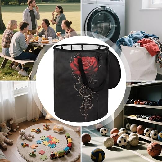 BIGCARJOB Red Rose Large Trash Can with Lids, Camping Trash Can Collapsible Garbage Cans Water Resistant Garbage Bin Storage for Outside, 22.83x17.71 in