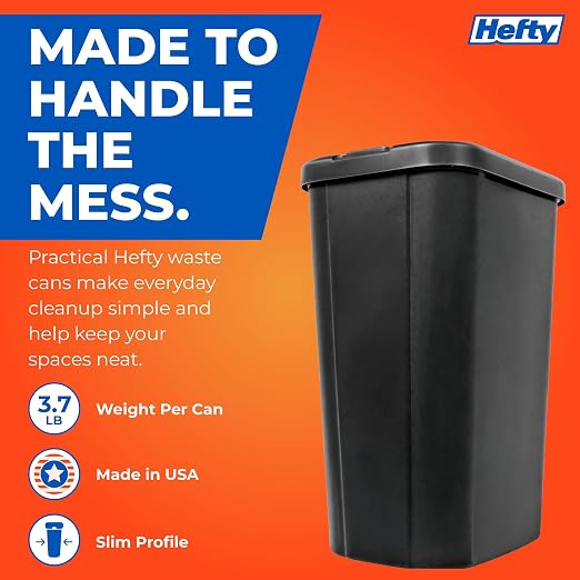 Hefty 13.3 Gallon Trash Can with Lid, Plastic Garbage Can Touch Button, Kitchen Waste Basket for Home Office, Large Capacity Trash Bin, 4 Pack, Black