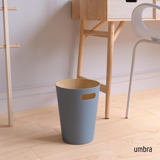 Umbra Woodrow Trash Can, Wooden Wastebasket, 2 Gallon, Slate Blue | Beech wood construction, integrated carry handles, two-tone design, durable build, fits small spaces, bathroom or office