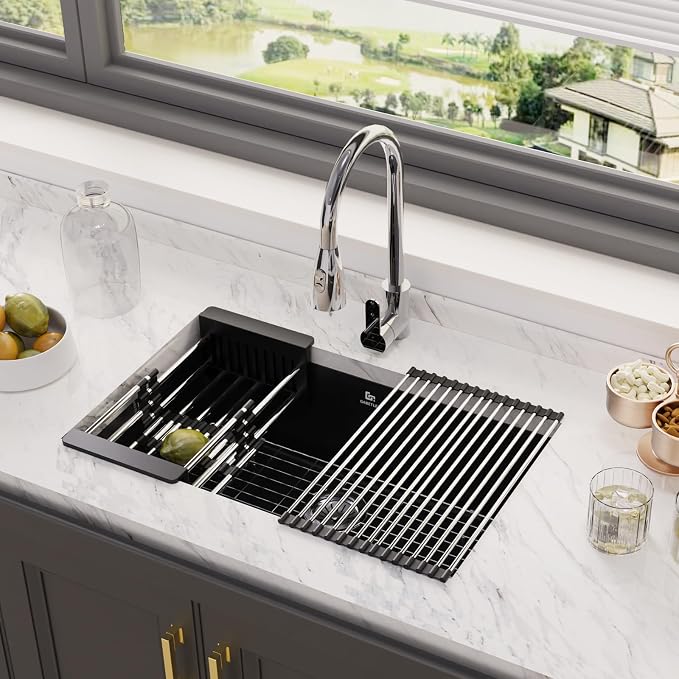 30-inch Granite Composite Kitchen Sink, GABETLET Undermount Quartz Kitchen Sinks with Spacious Workspace and Easy Cleaning, Black Single Bowl Deep Sink with Complete Accessories