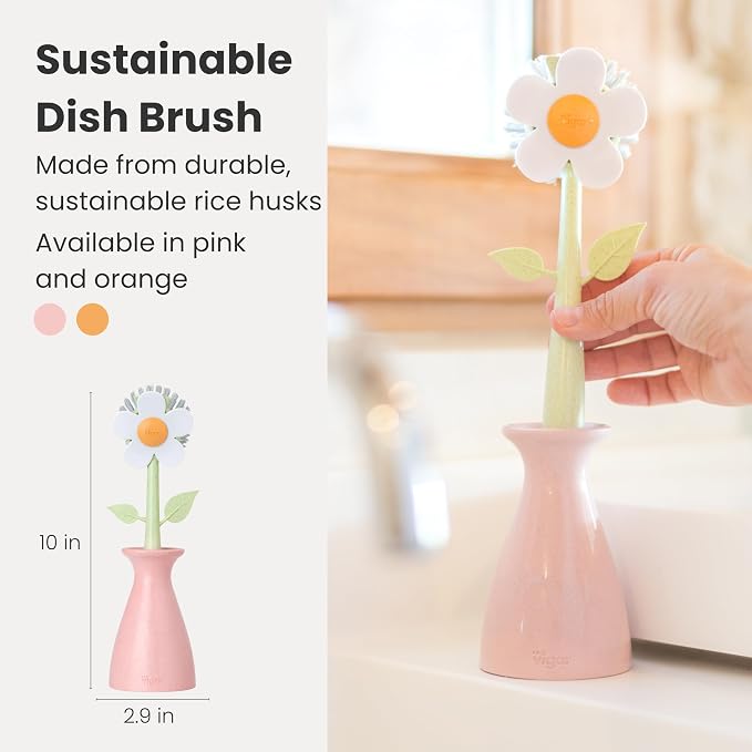 Vigar Florganic Dish Brush with Holder, Dish Scrubber, Pink | Dish Scrubber With Handle, Pot Scrubber, Kitchen Scrub Brush, Dishwashing Brush Tool for Sink Cleaning