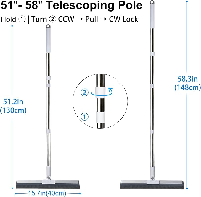 Floor Squeegee with 51"-58" Telescoping Handle & 180° Rotating Head, Water Removal for Tile & Hardwood, Under-Furniture Cleaning