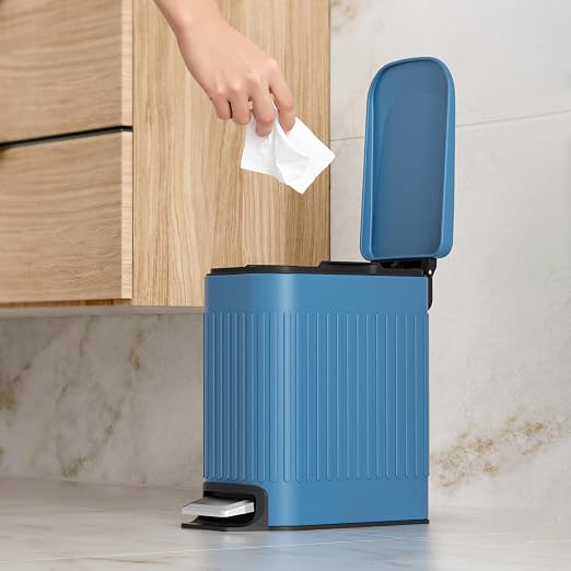 TrashAid Slim Bathroom Trash Can with Lid Soft Close & Pedal, 1.6Gal, Blue | Removable Inner Bucket, Stainless Steel Garbage Can, Small Wastebasket for Toilet/Office/Bedroom, Retro Design, Odor Control