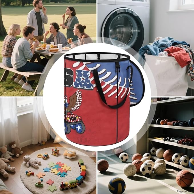 USA American Eagle Collapsible Trash Can 24 Gallon Foldable Garbage Bin with Lid, Waterproof Trash Bag Holder for Outdoor Camping, Patriotic Party Decor, Red White Blue Design
