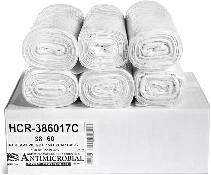 Aluf Plastics 60 Gal Clear Trash Bags, 17 Micron (EQ.), 38" x 60" (150 Pk)