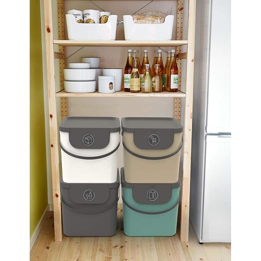 Rotho Albula Set of 3, Waste Separation System, 40 L for The Kitchen, Plastic (PP) BPA-Free, Anthracite/Blue/Cappuccino, 3 x 40 L (40.0 x 35.8 x 34.0 cm) | Rubbish Bin, Kitchen Waste Bin, Recycling Bin, Lid, Stackable, Long Handles, Easy Opening When S...