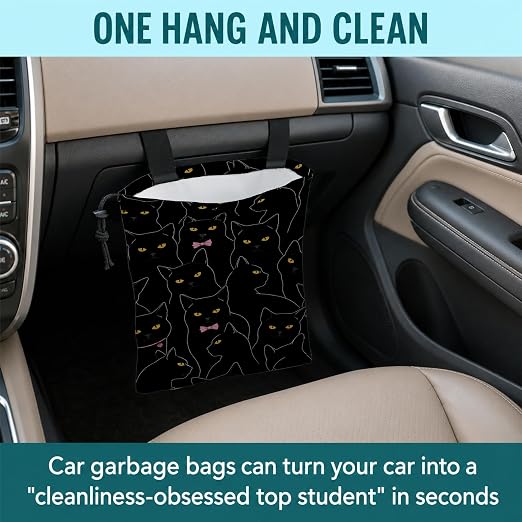 Coquette Black Cat Car Trash Bag Hanging for Back Seat | Canvas Drawstring Car Garbage Bag with Adjustable Buckle Vehicle Trash Can,Black Cat Lover Mom Gifts