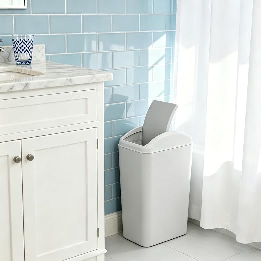 4.5 Gallon Plastic Swing Top Slim Trash Can, Garbage Bin with Lid | Gray Swing Lid Garbage Can, Small Wastebasket