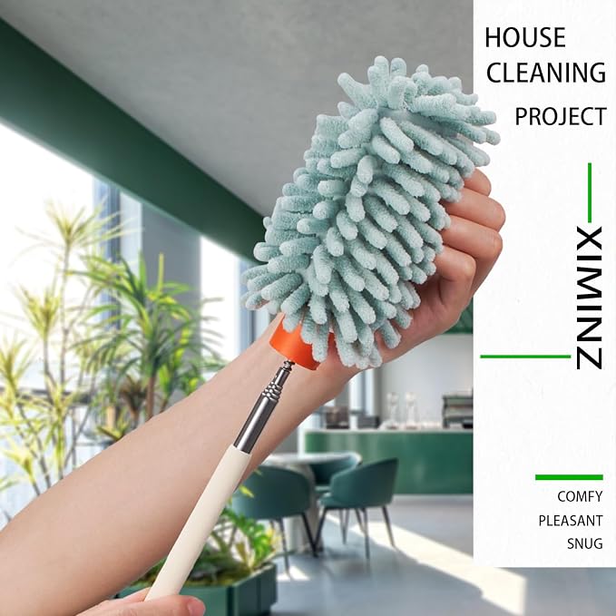 Green Retractable Microfiber Duster for Cleaning Extendable Washable Hand Duster Feather Duster Cleaning Tool for Cleaning Office, Car, Window, Computer, Air Condition