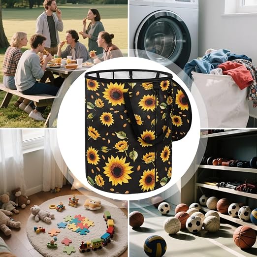BIGCARJOB Sunflower Collapsible Trash Can Portable Tall Trash Can Oval Recycling Bin 22.83x17.71 Outside Garbage Bin Storage Bag with Clip and Zipper Lid
