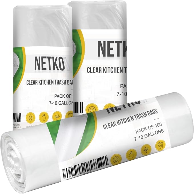 NETKO Clear Kitchen Trash Bags 7-10 Gallon Clear Plastic Garbage Bag for Kitchen, Home, Office, Bathroom - Wastebasket Bin Liners - High Density, Leak-Proof Waste Basket Bags - 100 Pack