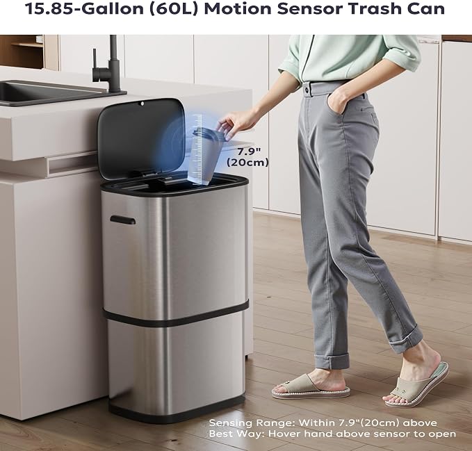 Furnify 16 Gallon / 60L Kitchen Trash Can, Motion Sensor Trash Bin with Lid | Large Capacity Touchless Garbage Waste Bin, Waterproof Brushed Trash Bin, Trash Can for Kitchen Bedroom Bathroom