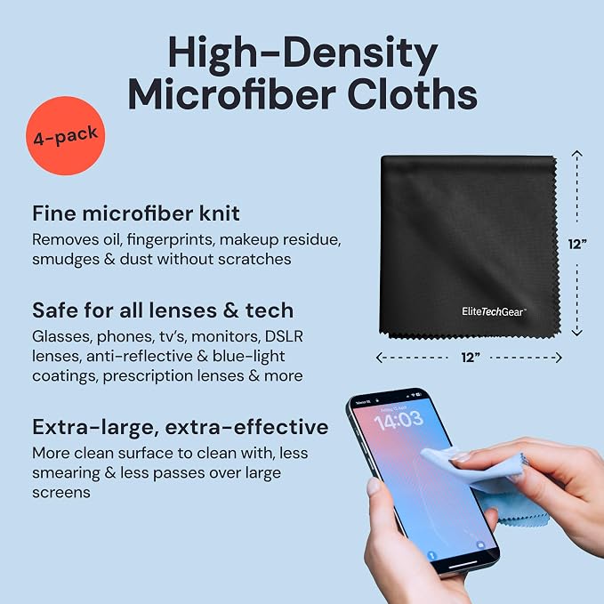 Elite Tech Gear Microfiber Cleaning Cloth, Eye Glasses Cleaner Cloth, 4pc | 12"x12" Large Lens Cleaning Cloth - Streak-free Eyeglass, Camera, Sunglasses & Screen Cleaning Cloth - Washable Wipes - Black
