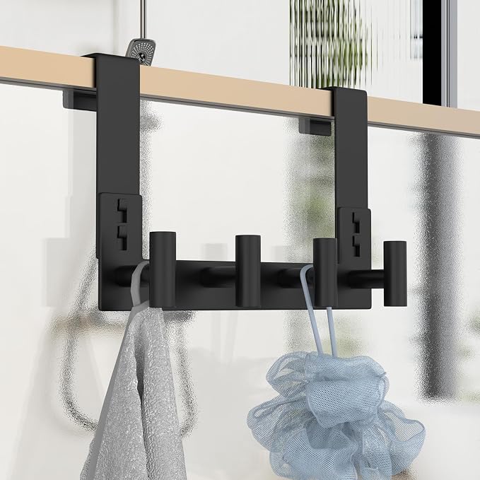 PMMASTO Door Hanger for 1-3/4 Inch Doors, Black- 4 Hooks, T Shape | Stainless Steel Door Hooks Organize Coats Towels Robes in Bathrooms Bedrooms Closets