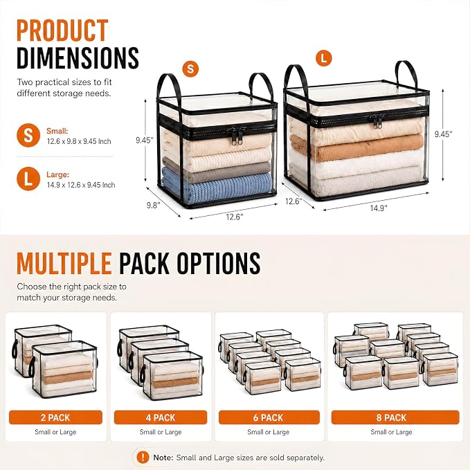 Extra Large Clear Pvc Storage Bags with Zipper Handles Heavy Duty Thick Plastic Clear Storage Bins for Clothes Blankets Toys Moving Foldable Closet Organizer Storage Containers (3, Black, S)