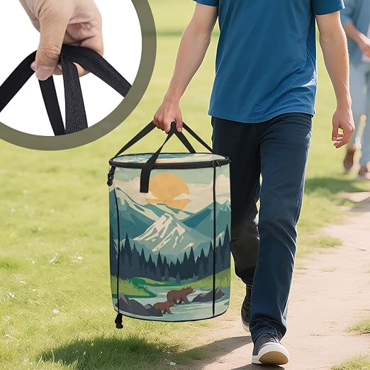 Landscape Bear Outdoor Trash Cans for Patio Collapsible Garbage Can 23 Gallon for Camping Water Resistant Storage Bin for Clothes Bedroom Trash Can Decorative