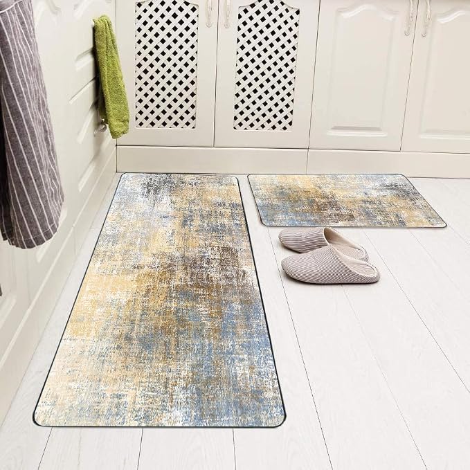 TOMWISH Grey Vintage Kitchen Rug Non Slip Kitchen Mats for Floor 2Pcs | Washable Absorbent Runner Rugs for Kitchen Front of Sink Dining Room Home Office Laundry 20"X48"+20"X30"