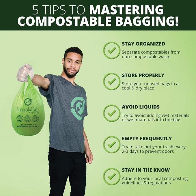 Simply Bio 1.6 Gallon Compostable Trash Bags Liners Handle, Heavy Duty Extra Thick 0.6 Mil, 6.06 Liter, 50 Bags, Small Kitchen Food Scrap Waste Bag, ASTM D6400, US BPI and OK Compost Home Certified