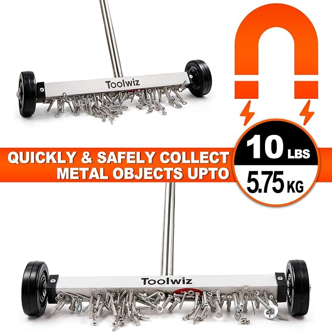 Toolwiz 15" Rolling Magnetic Sweeper 10 Lbs Rolling Magnetic Sweeper | 10lbs Capacity Sweeper, Magnetic Pick Up Tool, Lightweight with Wheels, For Nails, Screws & Metal Debris