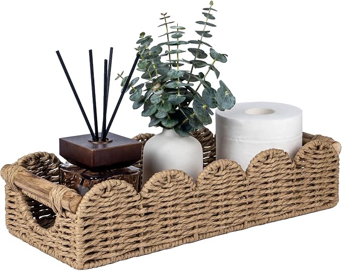 CubesLand Bathroom Basket Organizer, Toilet Decor Basket W/Cut Out Handle | Wicker Toilet Paper Storage Basket Tray, Scalloped Basket for Bathroom Countertop Decorative Also for Home Decor, Neutral
