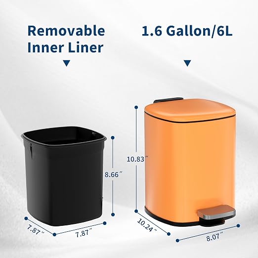 Garvee Bathroom Trash Can with Lid, 1.6 Gallon Small Garbage Can, Orange | Step Pedal, Soft-close Lid, Rear Handle, Removable Plastic Inner Liner with Trash Bag Retainer Ring, for Kitchen, Office