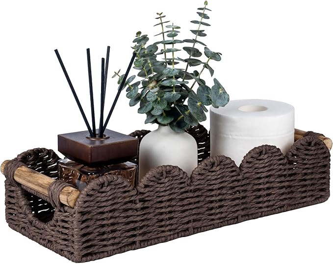 CubesLand Bathroom Basket Organizer, Toilet Decor Basket W/Cut Out Handle | Wicker Toilet Paper Storage Basket Tray, Scalloped Basket for Bathroom Countertop Decorative Also for Home Decor, Brown