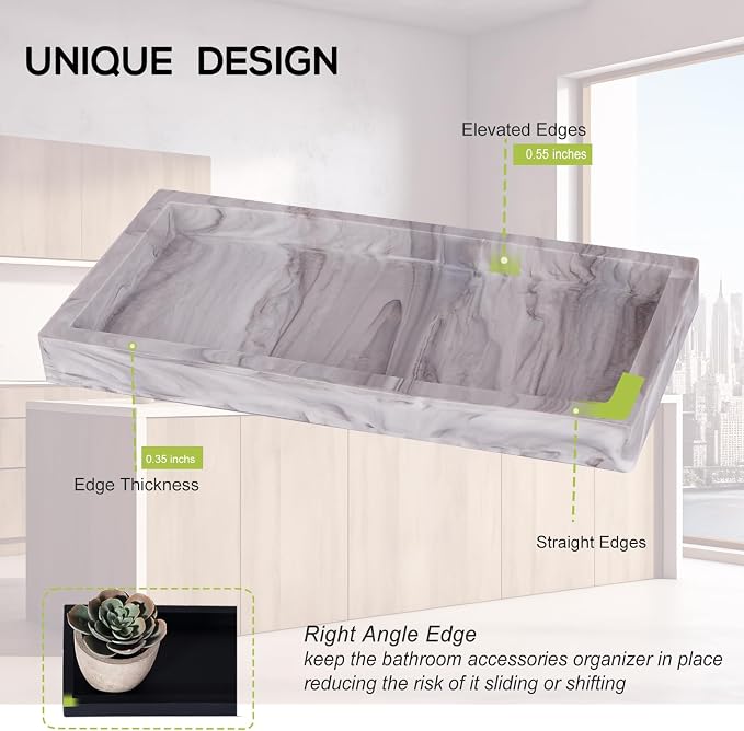 Silicone Bathroom Vanity Tray Dish Soap Holder Sink Organizer, Marble Grey | Small, Thickened Silicone, Easy to Clean, Waterproof, Non-Slip, for Countertop, Kitchen, Bedroom, Dresser
