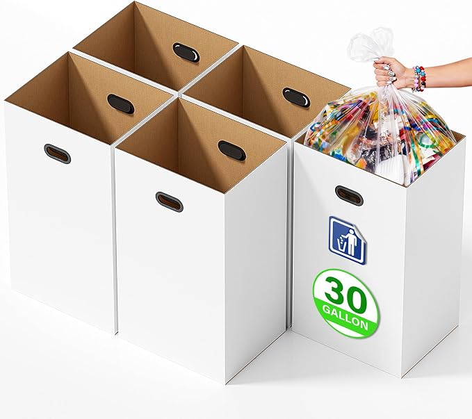 5 Pack Disposable Trash Cans for Parties, 30 Gallon Pop Up Trash Can | Collapsible with Handle, Thick Recycled Cardboard Bins for Events, Camping & Parties, Includes 10 Pcs Large Garbage Bags