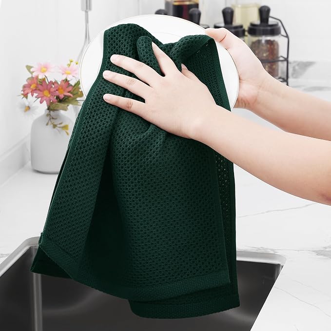 Homaxy 100% Cotton Waffle Weave Kitchen Dish Towels 12-Pack, Blackish Green | 13 x 28 Inches, Ultra Soft Absorbent Dish Towels, Quick Drying Cleaning Towels