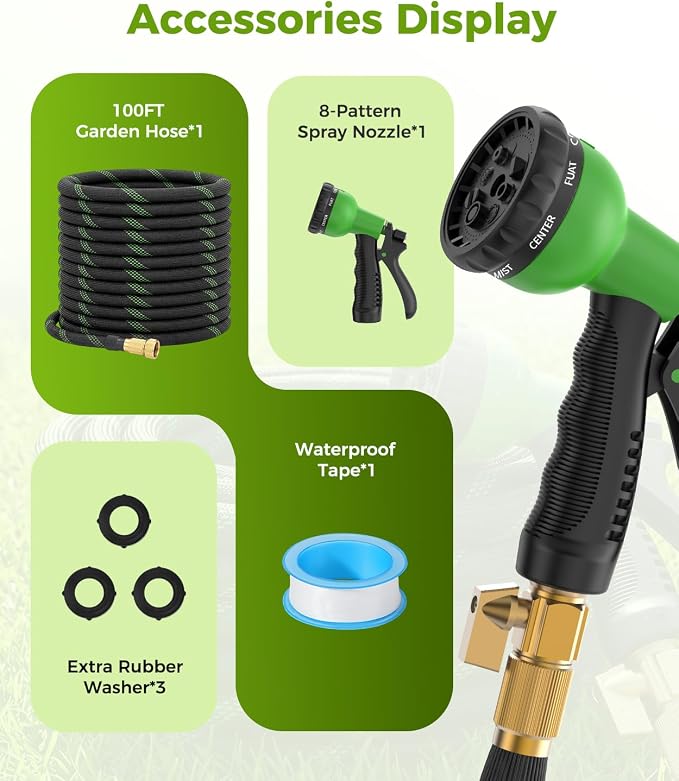 100ft Garden Hose，Non-Expandable Water Hose with 8 Function Spray Nozzle, Burst-Resistant，Kink-Free，Lightweight，Durable & Flexible 3/4" Garden Hose for Gardening, Yard，Lawn, Car Washing