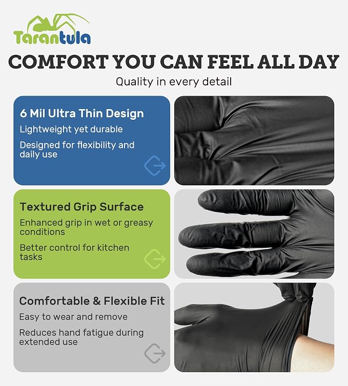 6-mil Disposable Nitrile Gloves, Black, X-Large, Food-Safe & Powder-Free | Latex-Free, Non-Sterile, Heavy-Duty, Textured Fingertips for Cooking & Cleaning