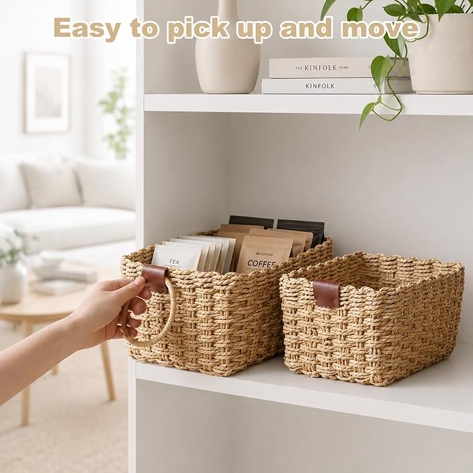 Paper Rope Storage Baskets Set of 3, Handwoven Decorative Wicker Organizer Bins with Handles for Shelves, Bathroom, Closet & Pantry, Soft Woven Nesting Storage Basket Set (Khaki)