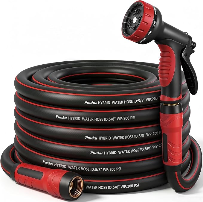 Garden Hose 25ft x 5/8", NON-EXPANDABLE Heavy Duty Hose with Nozzle | 10 Function Spray Nozzle, No Kink, Leakproof, Lightweight Hybrid Hose with Swivel Handle, Male to Female Fittings