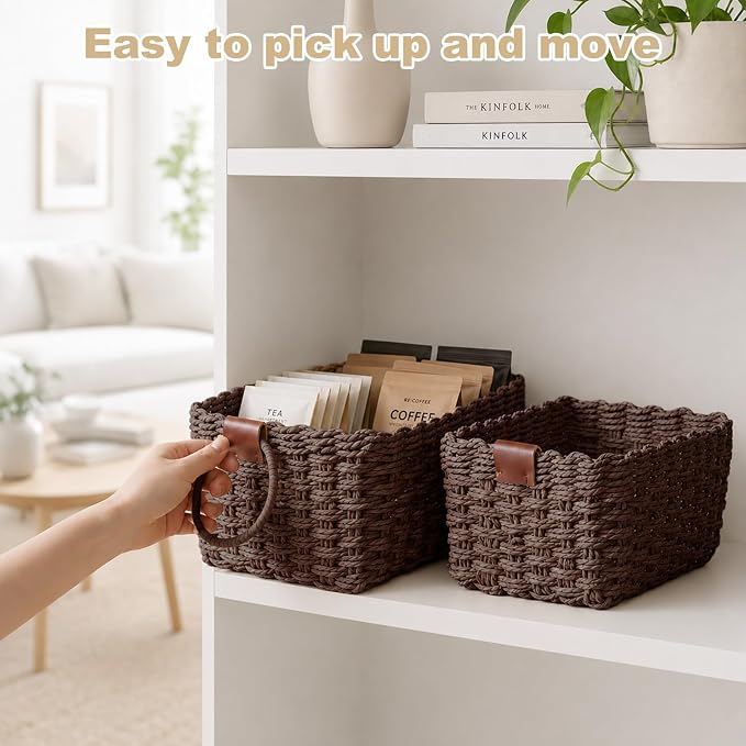 Paper Rope Storage Baskets Set of 3, Handwoven Decorative Wicker Organizer Bins with Handles for Shelves, Bathroom, Closet & Pantry, Soft Woven Nesting Storage Basket Set (Dark Brown)