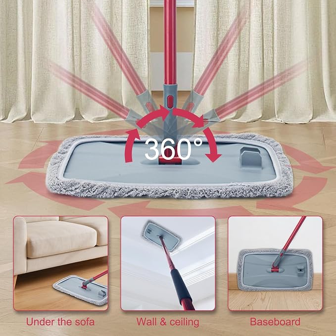 KeFanta Large Microfiber Flat Mop for Floor Cleaning,16” Wide Dust Mop | 2 Reusable Pads,55" Long Handle Wet & Dry Sweeper Kit for Hardwood,Tile,Laminate,Vinyl Floor