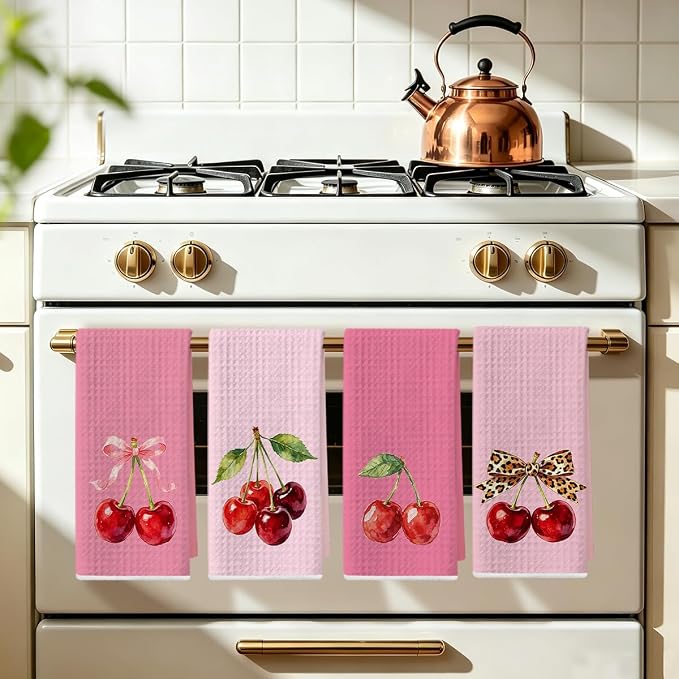 4 Pcs Cherry Hand Towels for Bathroom, Pink Preppy Bow Reusable Dish Towels | Waffle Weave Hand Cloth Tea Towel for Kitchen Bathroom Decor, Cherry Gifts for Women Friend 24x14 Inch