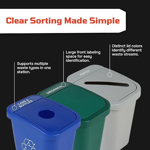 City Box Triple Bin Stream 10 Gallon Recycling Bin and Waste Sorting | Each Bin is 10 Gallons, Recycling Station Sorts Trash, Recycling, and Organic Waste | Great for Commercial Offices