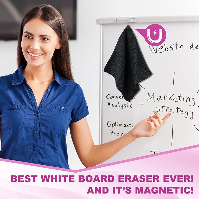 Tudomro 30 Pcs Magnetic Microfiber Cleaning Cloth, Black | 10'' x 10'', Dry Erasers Bulk, Whiteboards Dry Erase Cloth, Cleaner Reusable, Home, Office,
