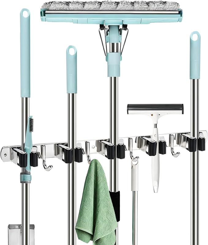 Mop and Broom Hanger Wall Mounted, 5 Racks and 4 Hooks, Storage Organiser (1, Black, 5)