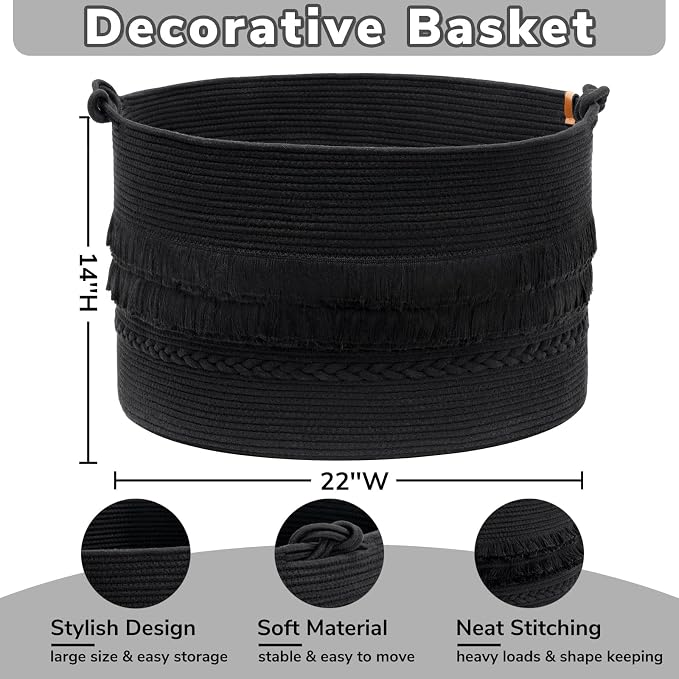 90L Large Woven Rope Blanket Basket with Tassel, 22" x 14", Black | Boho Basket for Toys, Clothes & Pillows Storage, Fits Bedroom Living Room Home Décor, Laundry Hamper with Knotted Handles