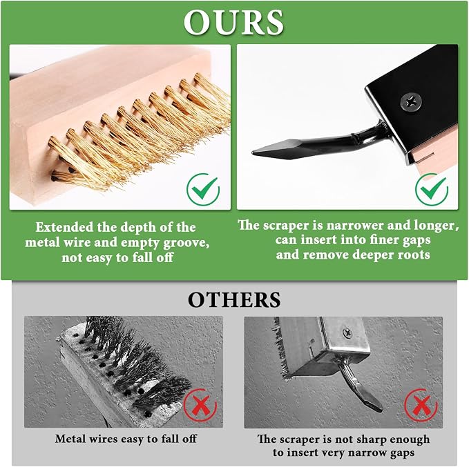 MUDEREK Crack Weeder Tool - Weed Puller Tool with 2 Heads and Scraping Hook | Paver Weeding Moss Remover Brush with Adjustable Steel Handle for Cleaning Paving Joint Sidewalk Patio Stone Driveway Deck