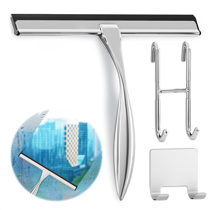 Stainless Steel Shower Squeegee, Glass, Silicone, 10 Inch (Silver) | Shower Door Squeegee with Silicone Blade, Adhesive & Hanging Hooks for Mirror, Tile, Window, Car, Multi-Surface Everyday Use