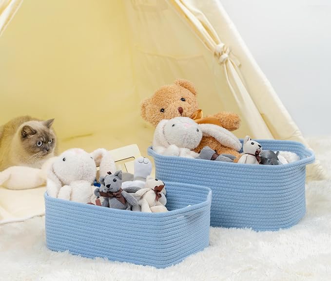 CubesLand Cute and Durable Small Cotton Rope Basket for Organizing | Woven Closet Storage Bin,Shelves Closet Storage Basket, Bathroom Storage Organizer Bin, Nursery Toy Basket Bin, Blue Basket