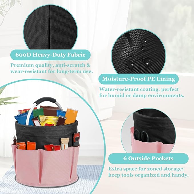 WOOHA Portable Cleaning Organizer, 17L Cleaning Bucket, Collapsible Shower Caddy with 6 Pockets for Cleaning Supplies, Bathroom, Kitchen, RV, Dorm, Garden, Black with Pink